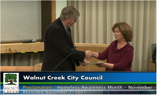 The City of Walnut Creek has proclaimed November as Homeless Awareness Month! Donna Colombo accepts the Proclamation from Mayor Richard Carlston. 